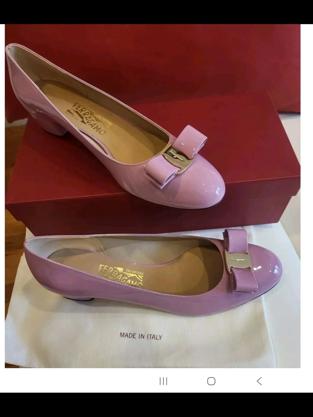 New Salvatore Ferragamo Sz 9.5 B Vara Vertigo Pink Logo Bow Patent Leather Pumps